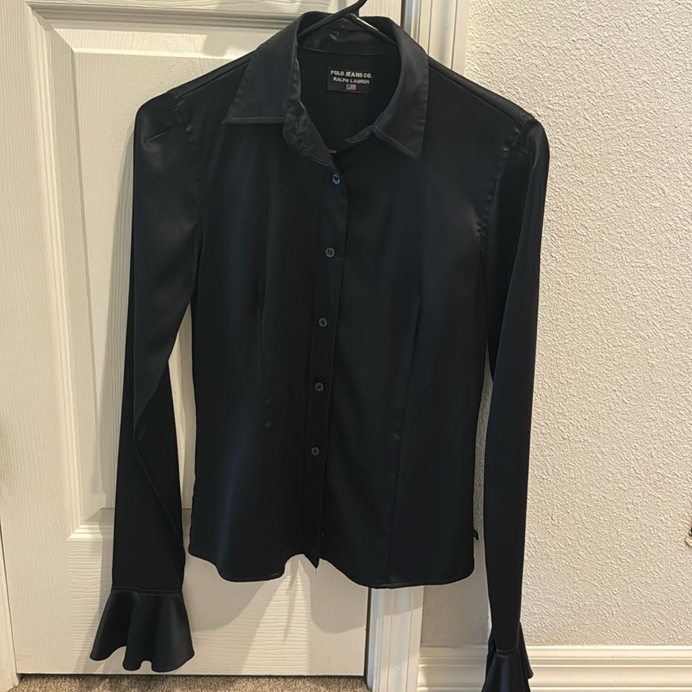 Vintage Ralph Lauren Black Silk Button Down with Ruffled Sleeves